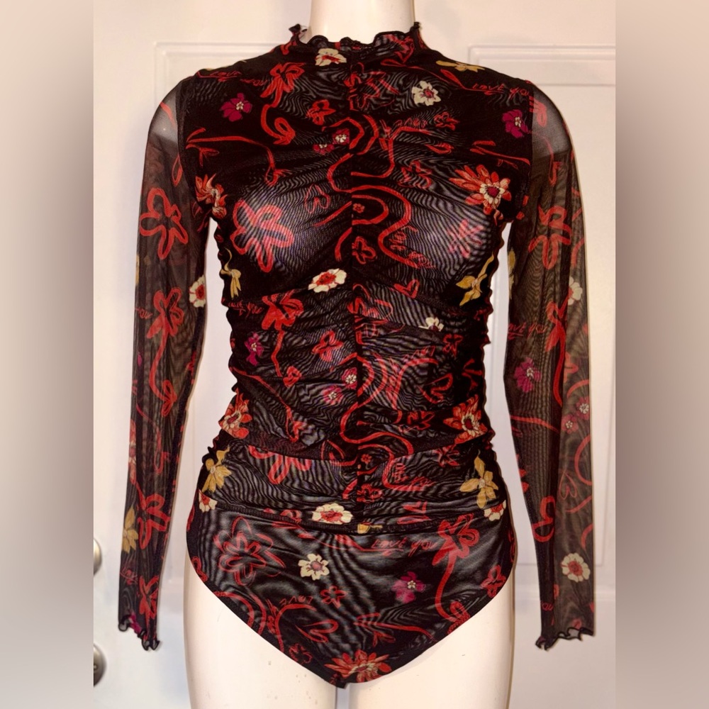 NWT Desigual Tulle Ruched Floral Bodysuit Women’s US Medium